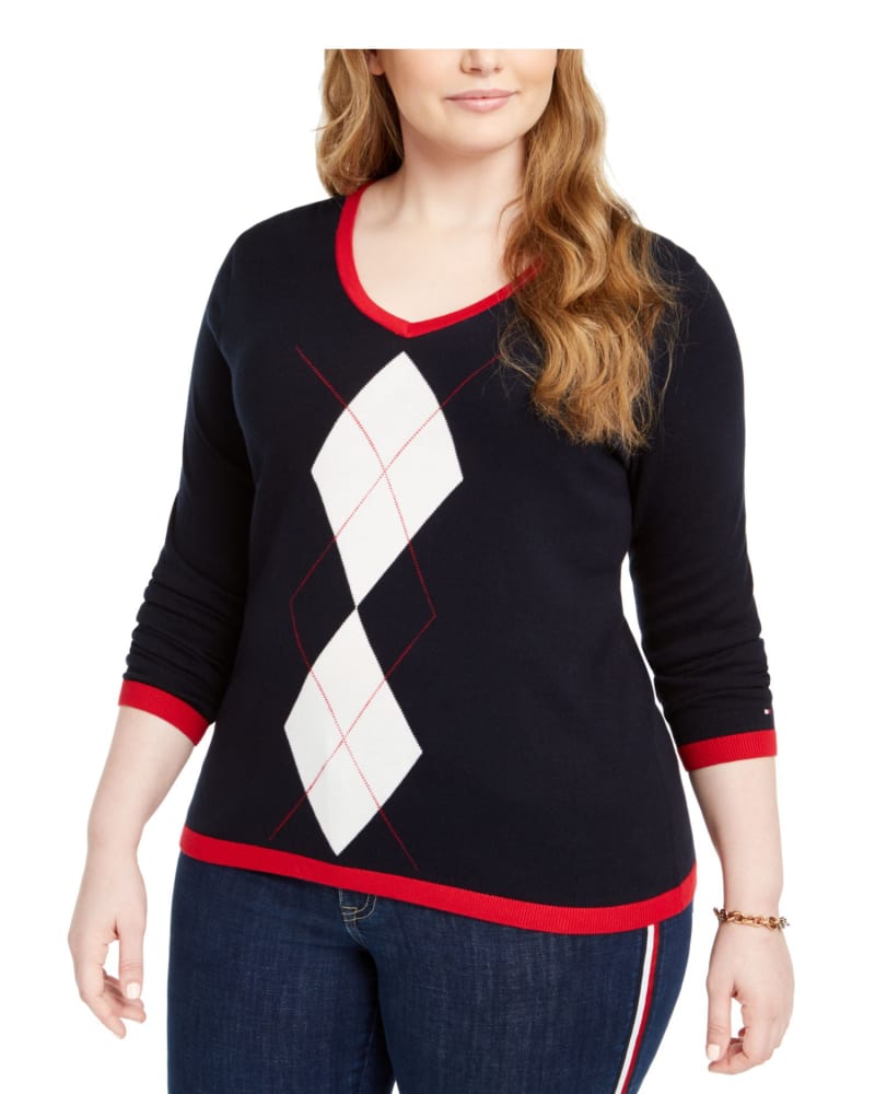 Front of a model wearing a size 3X Tommy Hilfiger Women's Plus Argyle Cotton Sweater Navy Size 3X in Blue by Tommy Hilfiger. | dia_product_style_image_id:314427
